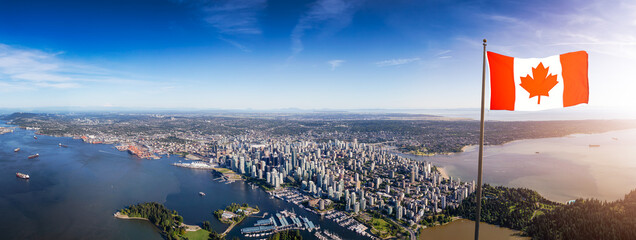Downtown Vancouver, British Columbia, Canada. Canadian National Flag Overlay. Aerial Panoramic View of the Modern Urban City, Stanley Park, Harbour and Port.
