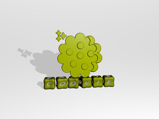 3D graphical image of cookie vertically along with text built by metallic cubic letters from the top perspective, excellent for the concept presentation and slideshows. background and cake