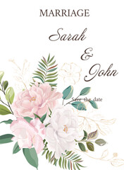 Wedding invitation with flowers, watercolor, isolated on white. Vector Watercolor.