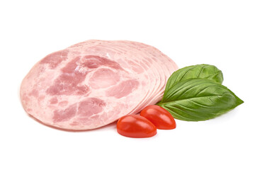 Boiled ham sausage slices, isolated on white background