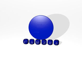 3D illustration of CAMERA graphics and text made by metallic dice letters for the related meanings of the concept and presentations. background and beautiful