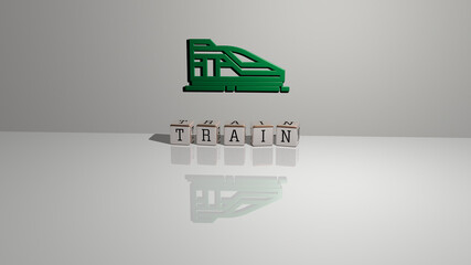 3D illustration of TRAIN graphics and text made by metallic dice letters for the related meanings of the concept and presentations. station and editorial