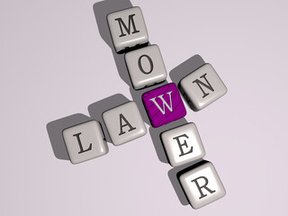 crosswords of summer: LAWN MOWER arranged by cubic letters on a mirror floor, concept meaning and presentation. green and grass