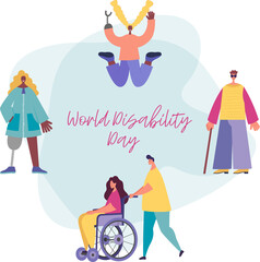 Vector background with disabled people. World Disability Day. Flat cartoon characters.