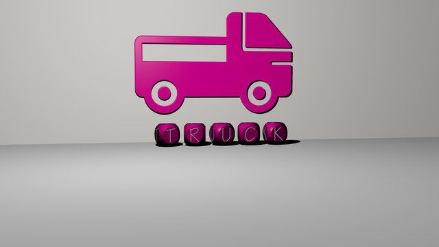 3D graphical image of TRUCK vertically along with text built by metallic cubic letters from the top perspective, excellent for the concept presentation and slideshows. illustration and car