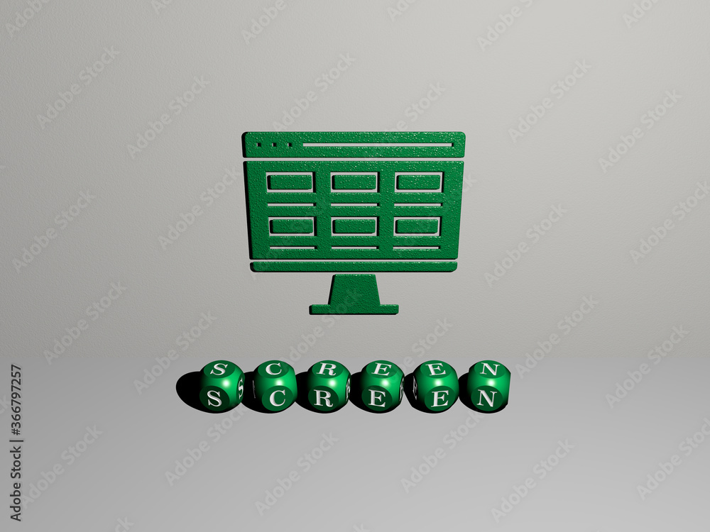 Poster 3d representation of screen with icon on the wall and text arranged by metallic cubic letters on a m