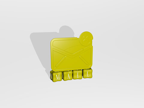 3D representation of MAIL with icon on the wall and text arranged by metallic cubic letters on a mirror floor for concept meaning and slideshow presentation. illustration and envelope