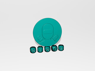 3D graphical image of ninja vertically along with text built by metallic cubic letters from the top perspective, excellent for the concept presentation and slideshows. illustration and background