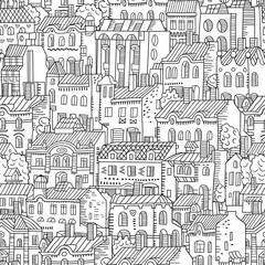 Vector hand drawn linear houses seamless pattern.