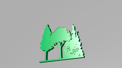 TREES from a perspective on the wall. A thick sculpture made of metallic materials of 3D rendering. background and beautiful