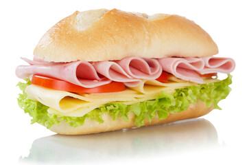 Sub sandwich with ham and cheese isolated on white