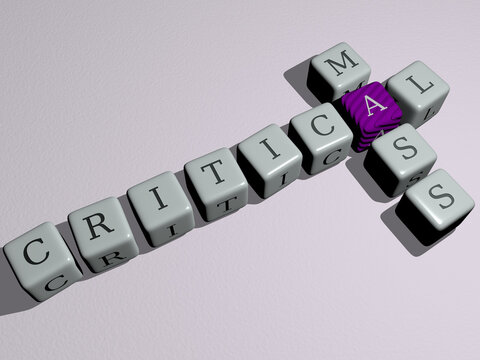 crosswords of critical mass arranged by cubic letters on a mirror floor, concept meaning and presentation. illustration and business