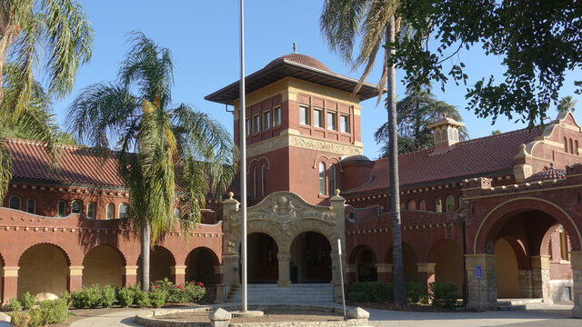 Redlands, CA / USA - July 12, 2020: The beautiful historic building of the A.K. Smiley public library in Redlands