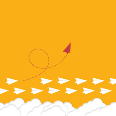 Think different. Think differently concept. Red airplane changing direction. New idea, change, trend, courage, creative solution, innovation and unique way concept.	
