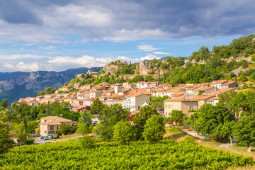 Fototapeta na wymiar Aiguines village next to Verdon Gorge (Gorges du Verdon) in the Provence-Alpes-Côte d'Azur region in southeastern France.