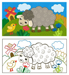 cute children's illustration: a lamb talking to a chicken. Coloring book and sample coloring book.