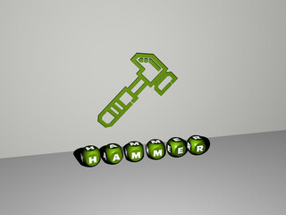 3D illustration of hammer graphics and text made by metallic dice letters for the related meanings of the concept and presentations. background and construction