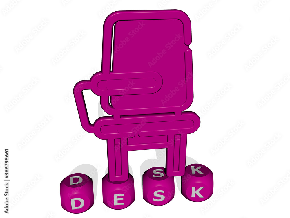 Poster 3d graphical image of desk vertically along with text built by metallic cubic letters from the top p