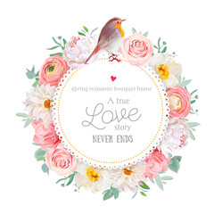 Cute floral vector round card with white peony, peachy rose and ranunculus, dahlia, carnation flowers, eucalyptus leaf, mixed plants and cute small robin bird