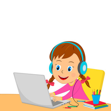 Little cartoon girl using computer,illustration,vector