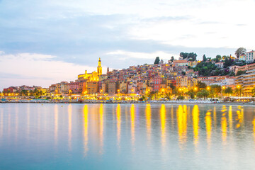 Fototapeta na wymiar Menton mediaeval town on the French Riviera in the Mediterranean during sunset, France. 
