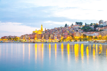 Obraz na płótnie Canvas Menton mediaeval town on the French Riviera in the Mediterranean during sunset, France. 