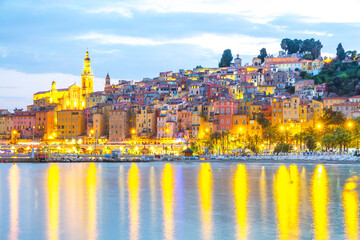 Fototapeta na wymiar Menton mediaeval town on the French Riviera in the Mediterranean during sunset, France. 