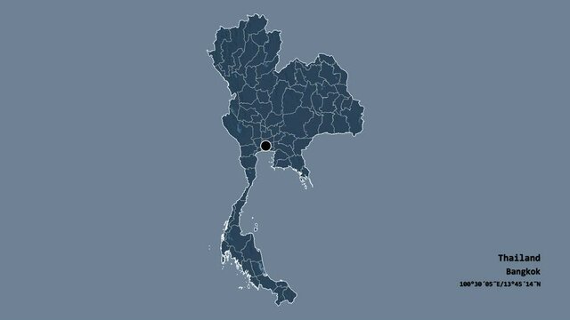 Phuket, province of Thailand, with its capital, localized, outlined and zoomed with informative overlays on a administrative map in the Stereographic projection. Animation 3D