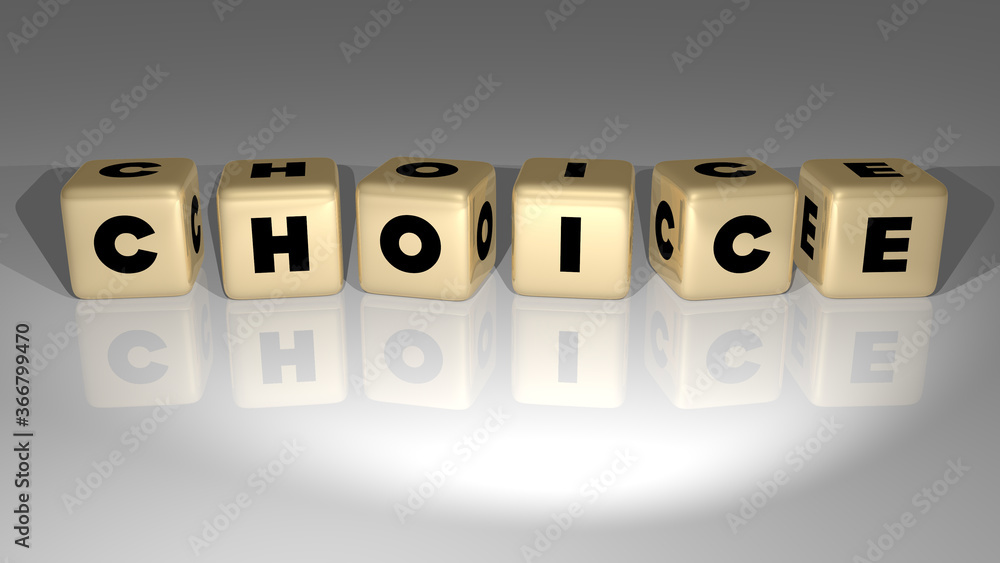 Aufkleber 3d representation of choice with icon on the wall and text arranged by metallic cubic letters on a m
