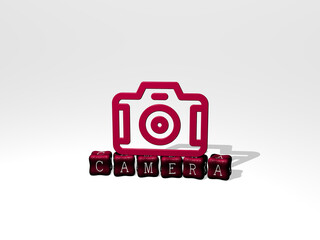 3D illustration of CAMERA graphics and text made by metallic dice letters for the related meanings of the concept and presentations. background and beautiful