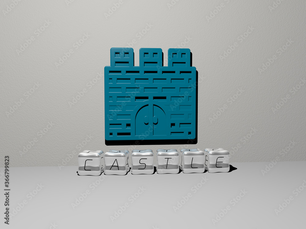 Poster 3d representation of castle with icon on the wall and text arranged by metallic cubic letters on a m