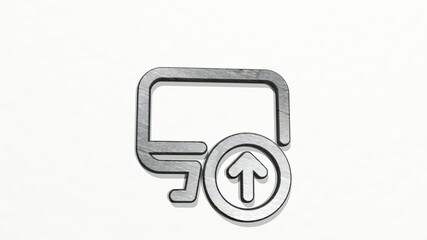 monitor upload from a perspective on the wall. A thick sculpture made of metallic materials of 3D rendering. illustration and computer