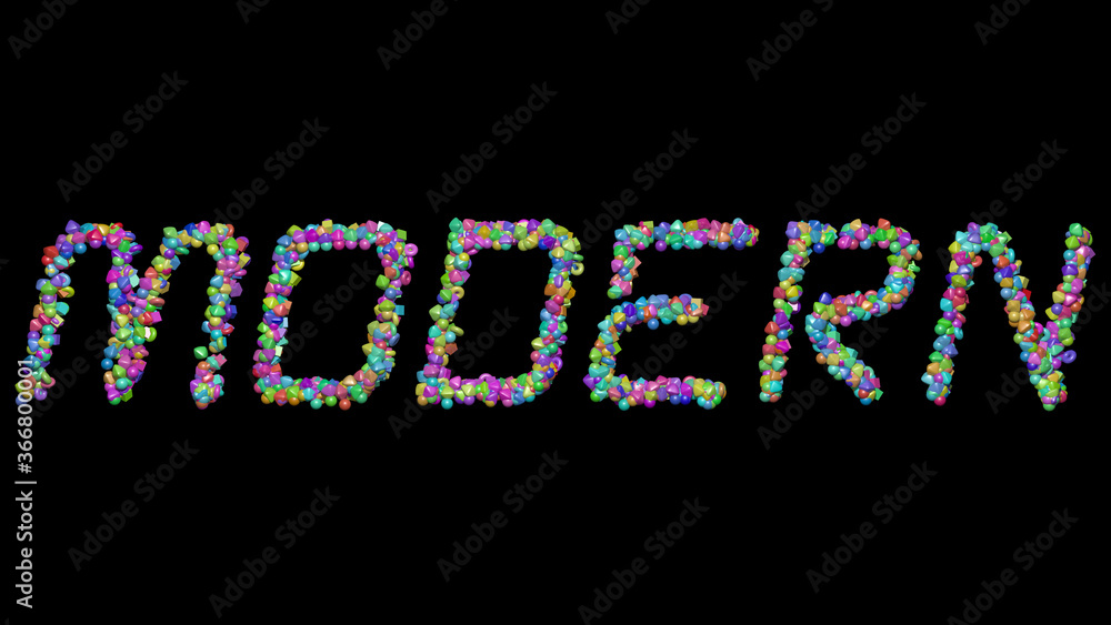 Poster modern: 3d illustration of the text made of small objects over a black background with shadows. desi