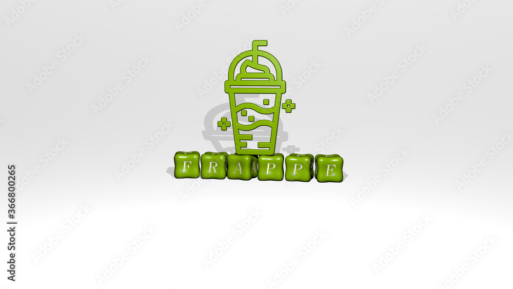 Poster 3d representation of frappe with icon on the wall and text arranged by metallic cubic letters on a m
