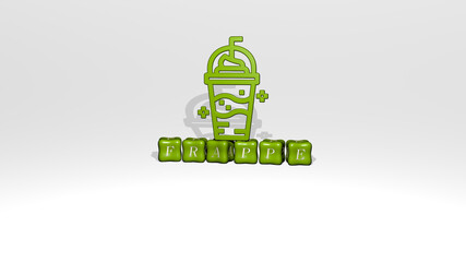 3D representation of frappe with icon on the wall and text arranged by metallic cubic letters on a mirror floor for concept meaning and slideshow presentation. coffee and beverage