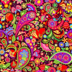 Seamless floral decorative ethnic abstract colorful wallpaper with flowers, paisley and pomegranate