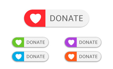 Voluntary and donation concept. Donate button icons. White buttons with various colored hearts symbol isolated