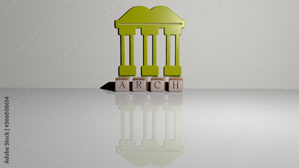 Poster 3d illustration of arch graphics and text made by metallic dice letters for the related meanings of 