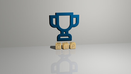3D illustration of cup graphics and text made by metallic dice letters for the related meanings of the concept and presentations. coffee and background