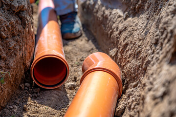 laying drainage pipes into the ground - obrazy, fototapety, plakaty