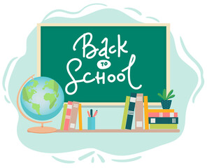 Banner back to school text drawing by colorful chalk in blackboard with school items and elements. Vector illustration banner flayer. globe books, pens pencils on white background. flat