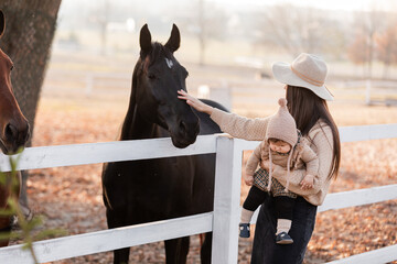 Young mother and little baby girl near a horses in autumn sunny day. Mother stroking a horse and...