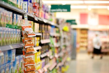 Supermarket aisle filled with stocked household groceries