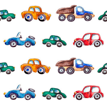 watercolor illustration. seamless pattern of city cars in cartoon style.pattern for children's textiles on a white background.
