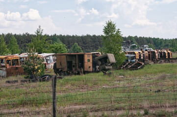Vehicles Rosocha in Pripyat, Chernobyl exclusion Zone. Chernobyl Nuclear Power Plant Zone of...