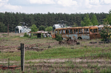 Vehicles Rosocha in Pripyat, Chernobyl exclusion Zone. Chernobyl Nuclear Power Plant Zone of...