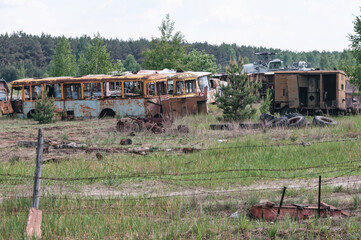 Vehicles Rosocha in Pripyat, Chernobyl exclusion Zone. Chernobyl Nuclear Power Plant Zone of...