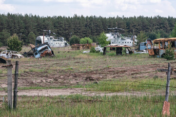 Vehicles Rosocha in Pripyat, Chernobyl exclusion Zone. Chernobyl Nuclear Power Plant Zone of...
