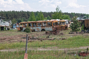 Vehicles Rosocha in Pripyat, Chernobyl exclusion Zone. Chernobyl Nuclear Power Plant Zone of...