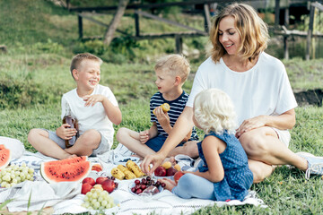 Mom with children in the park at a picnic. The family sits on the tablecloth and eats and has a good time. Children laugh and communicate.